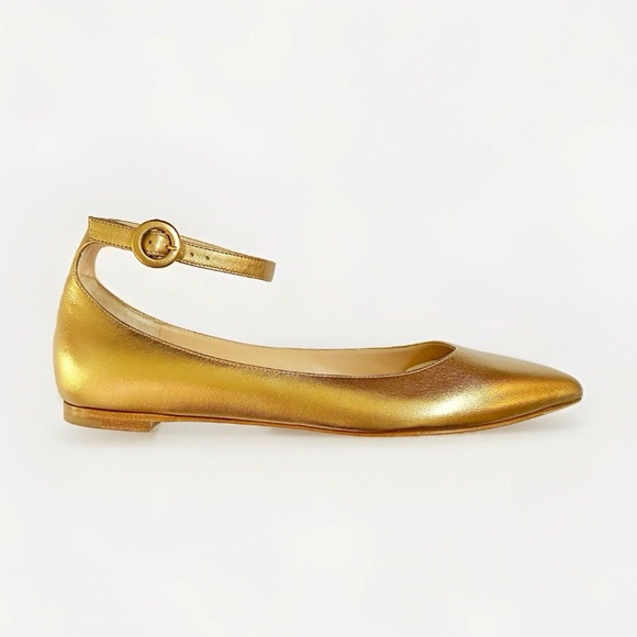 Gianvito Rossi Shoes - Gianvito Rossi Metallic Gold leather ankle strap pointed toe ballet flats